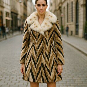 Vintage Marie Enny Real Mink Fur Coat Genuine FoxFur Collar Tiger Stripe Pattern